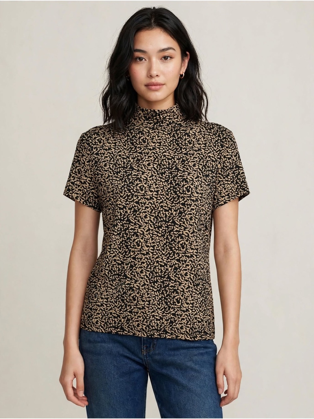 High Neck Short Sleeve Leopard Print Top - Black & Tan